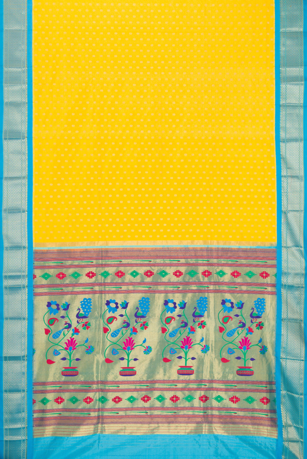 Flat view of Lemon Yellow Paithani Silk Saree with Zari Butta on the body and Zari Border. 
