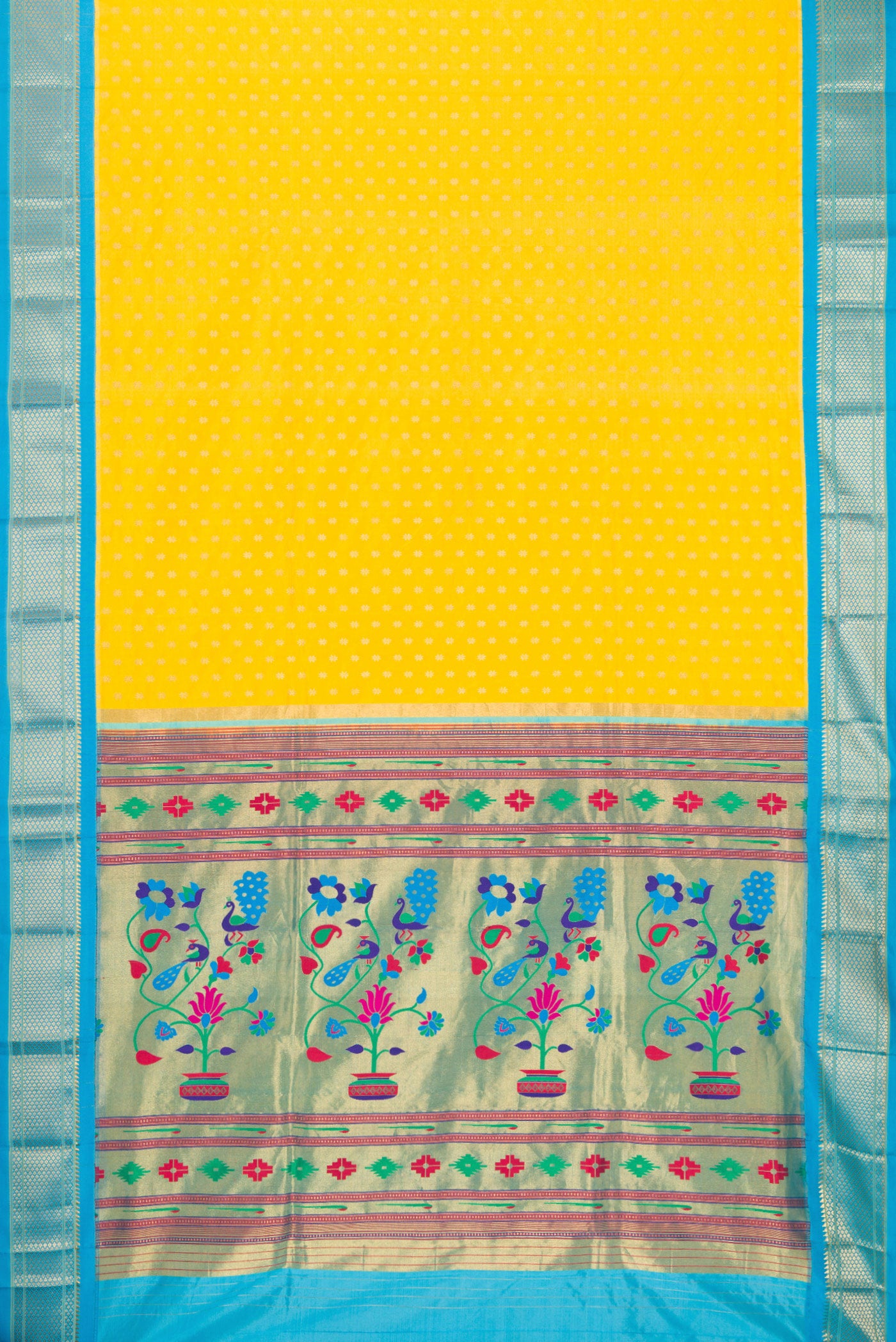 Flat view of Lemon Yellow Paithani Silk Saree with Zari Butta on the body and Zari Border. 
