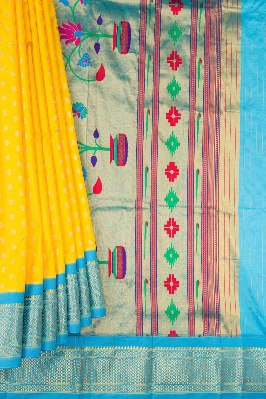 Pleats and pallu of Lemon Yellow Paithani Silk Saree with Zari Butta on the body and Zari Border. 