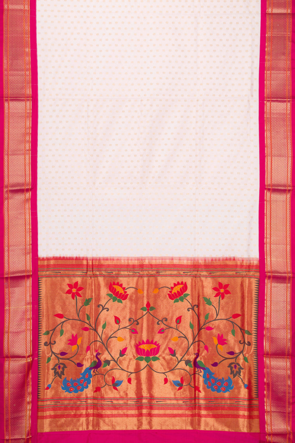 Flat view of Off White Paithani Silk Saree with Zari Butta on the body and Zari Border. 