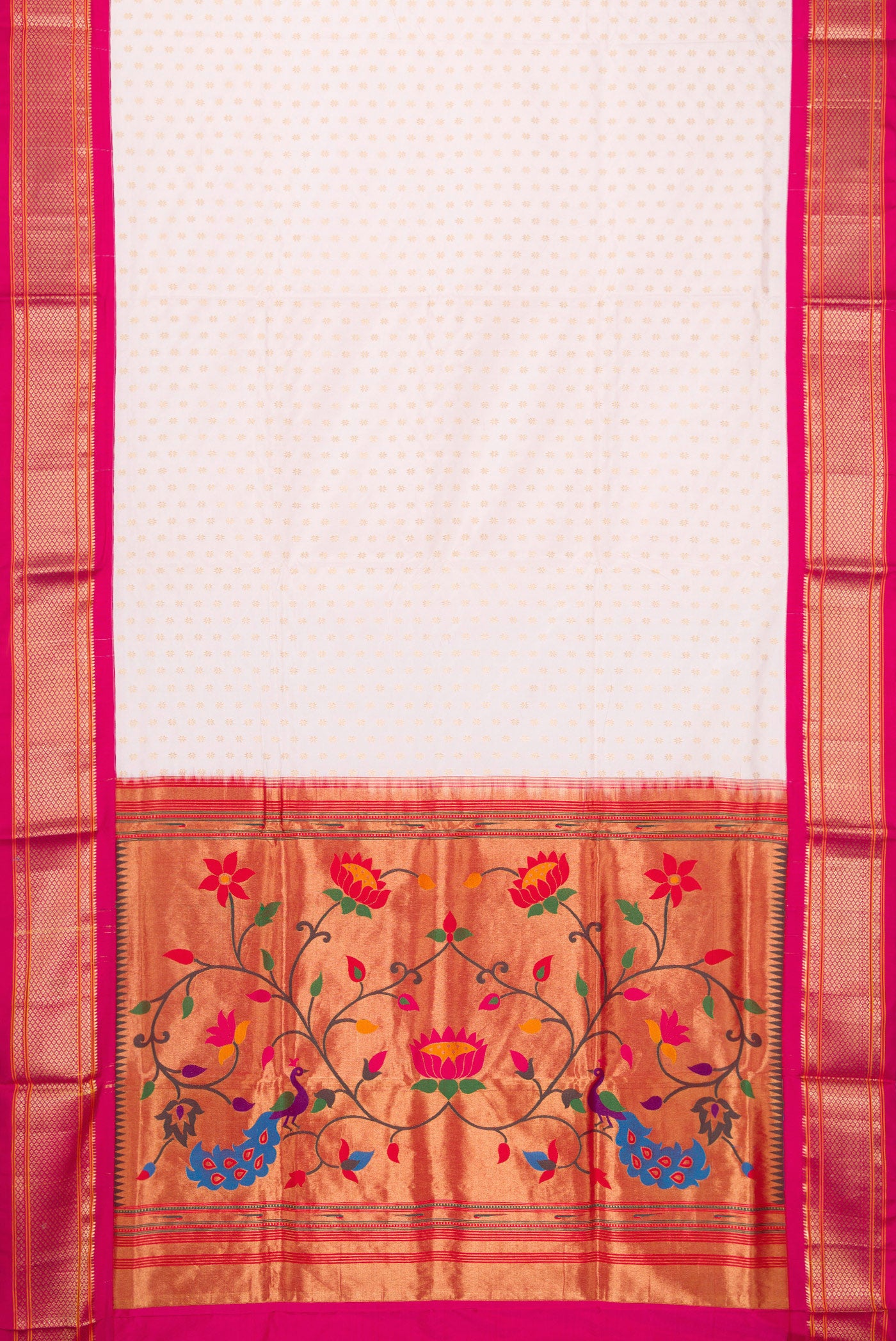 Flat view of Off White Paithani Silk Saree with Zari Butta on the body and Zari Border. 