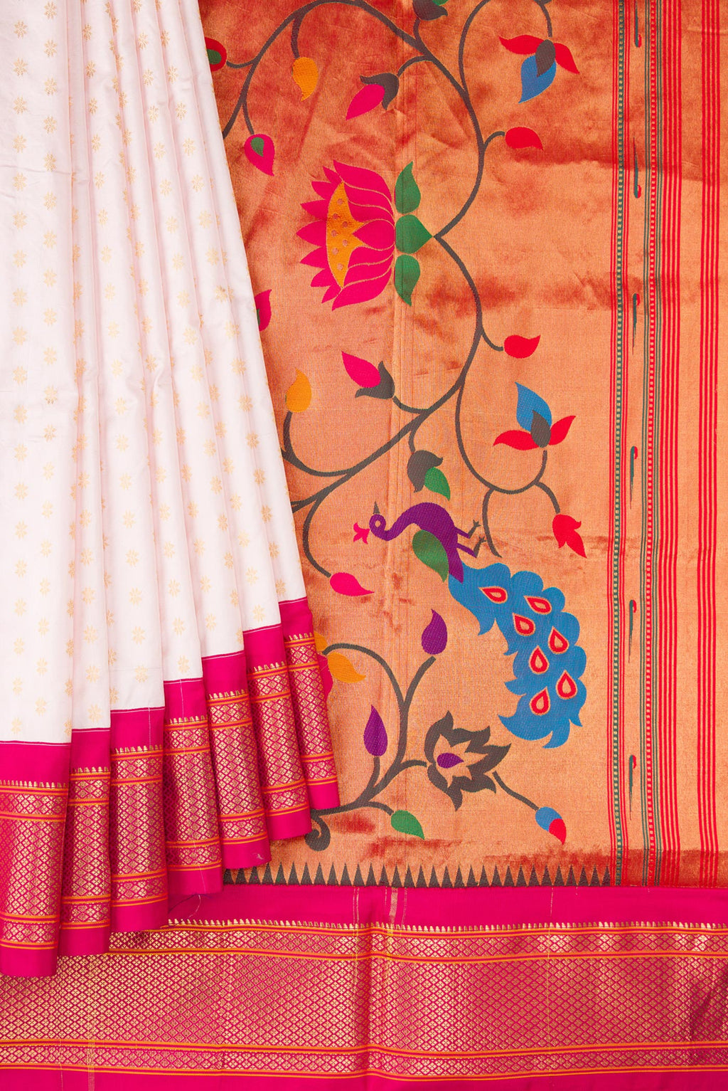 Pleats and pallu of Off White Paithani Silk Saree with Zari Butta on the body and Zari Border. 