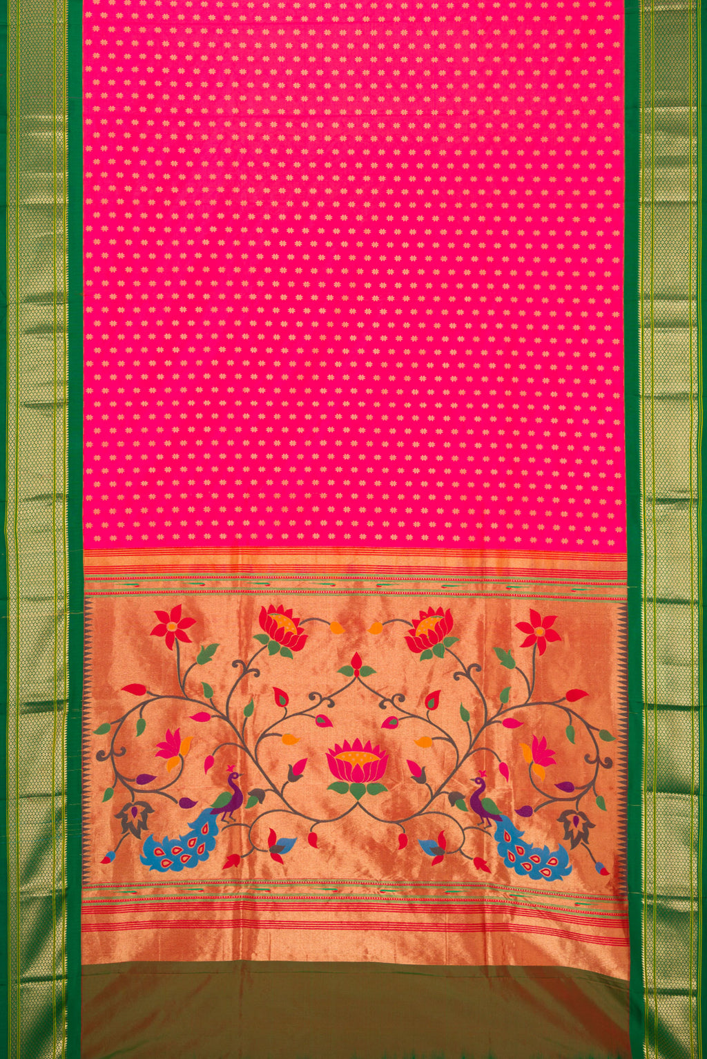 Flat view of Pink Paithani Silk Saree with Zari Butta on the body and Zari Border. 