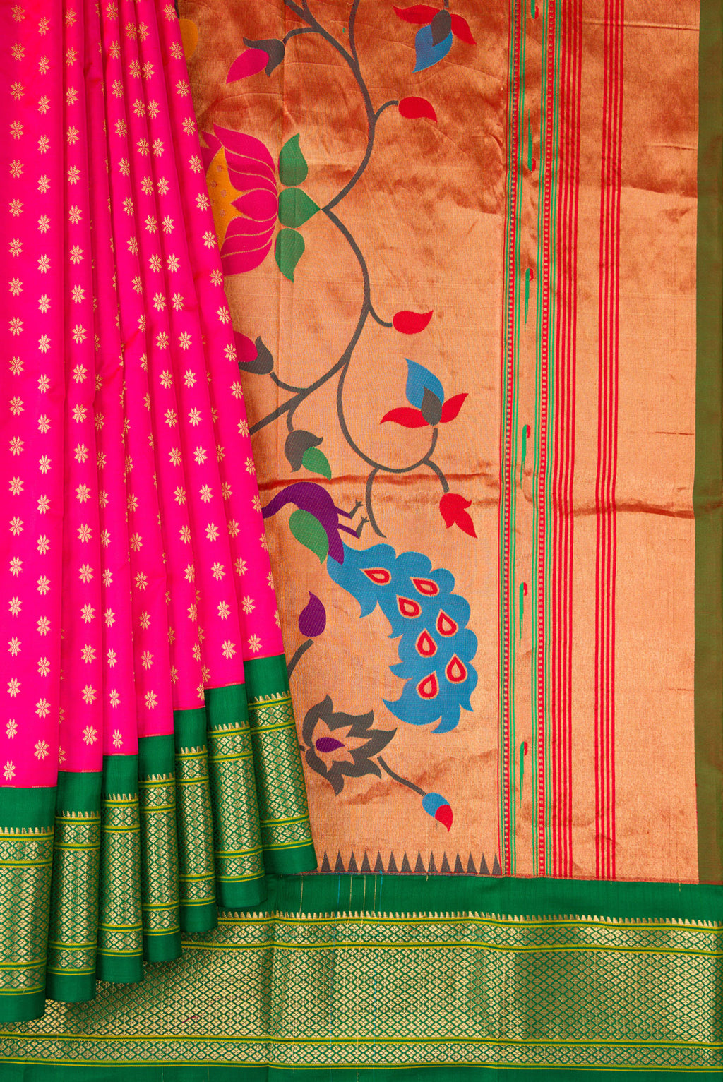 Pleats and pallu of Pink Paithani Silk Saree with Zari Butta on the body and Zari Border. 