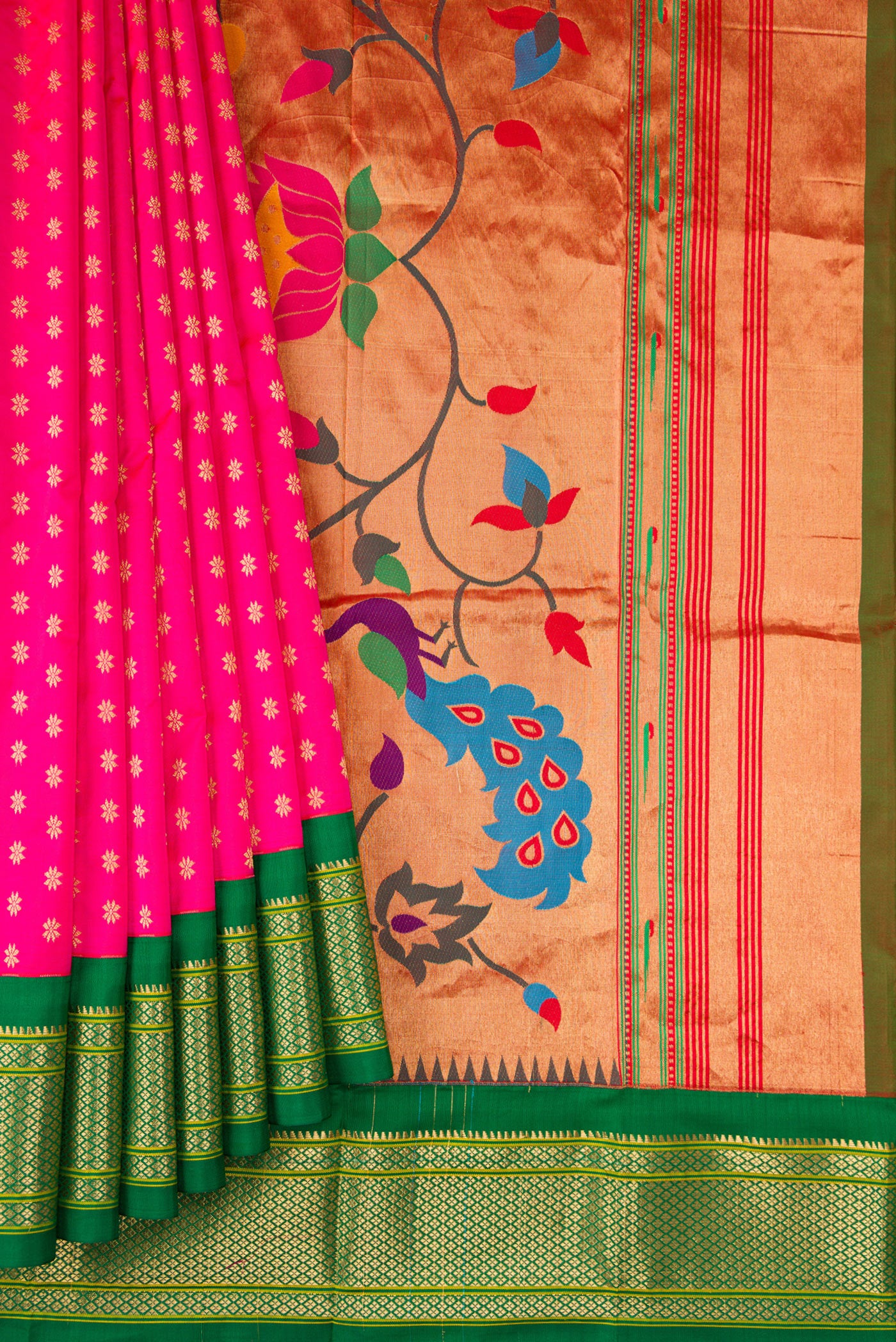 Pleats and pallu of Pink Paithani Silk Saree with Zari Butta on the body and Zari Border. 