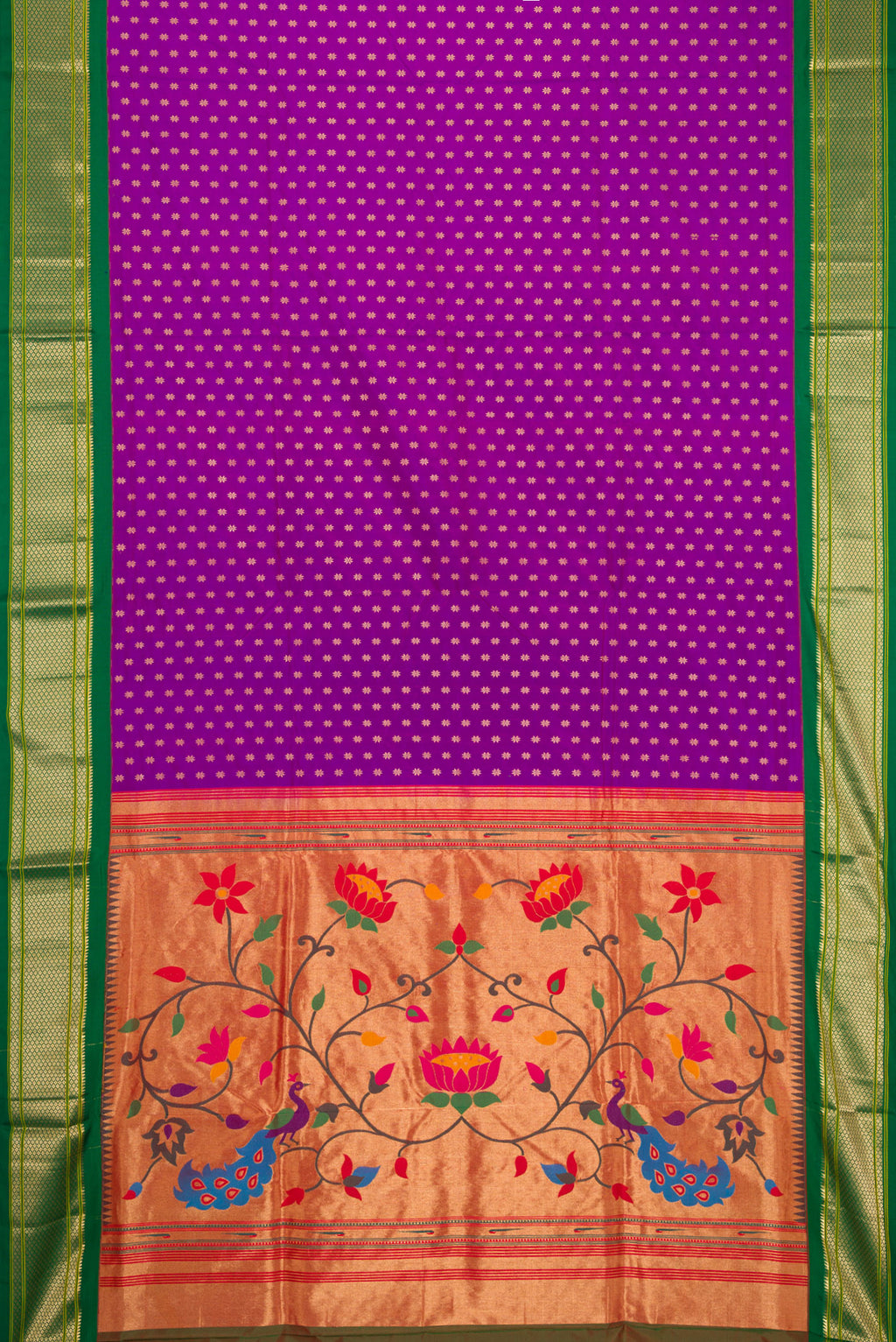 Flat view of Purple Paithani Silk Saree with Zari Butta on the body and Zari Border. 