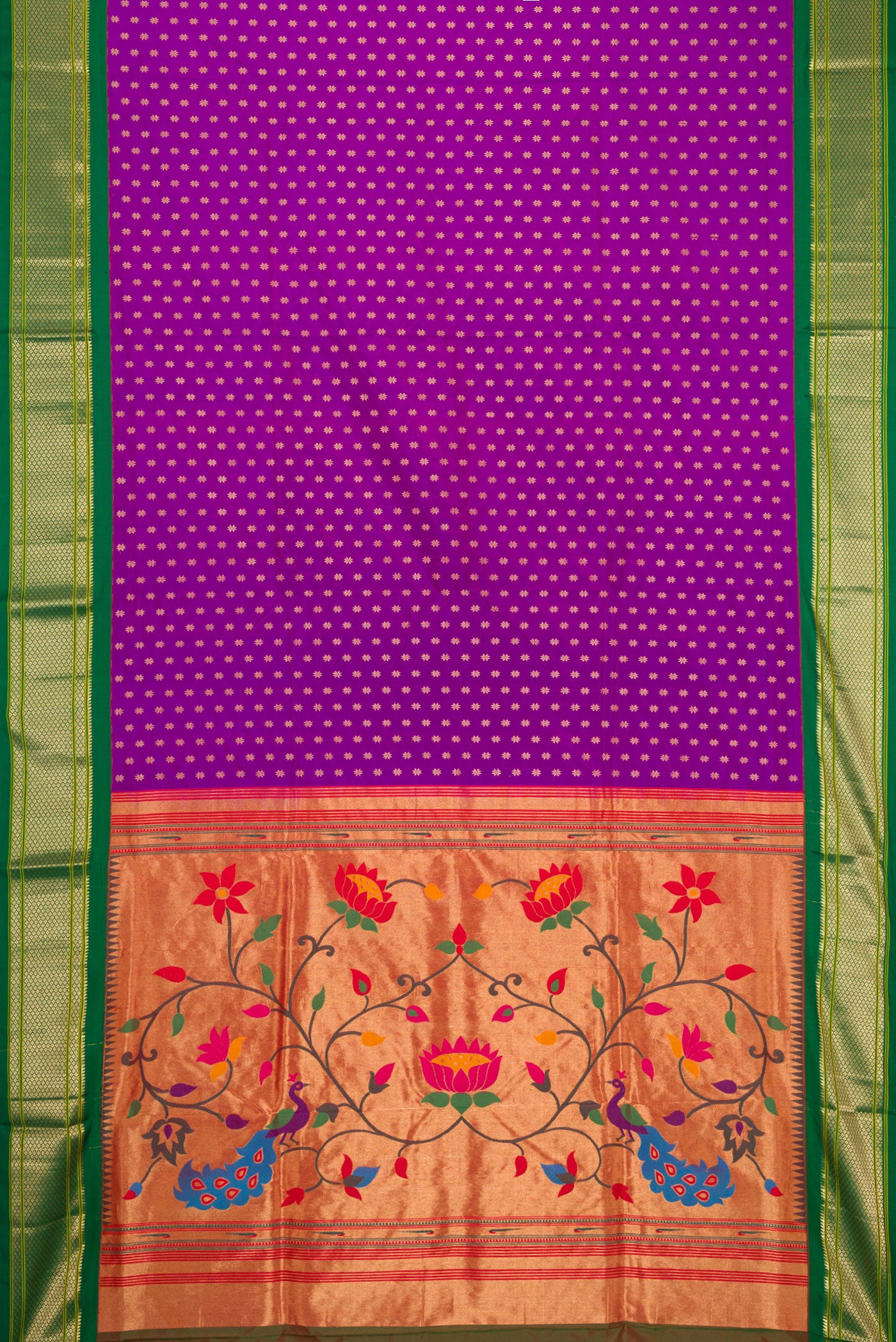 Flat view of Purple Paithani Silk Saree with Zari Butta on the body and Zari Border. 