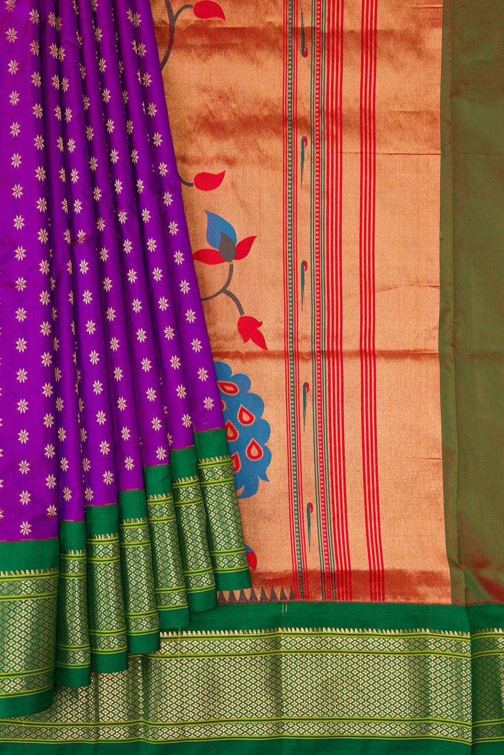 Pleats and pallu of Purple Paithani Silk Saree with Zari Butta on the body and Zari Border. 