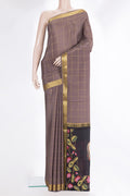 Pure Silk Brown Mysore Silk Saree with Checked design on the body and Zari Border.  displayed on a mannequin