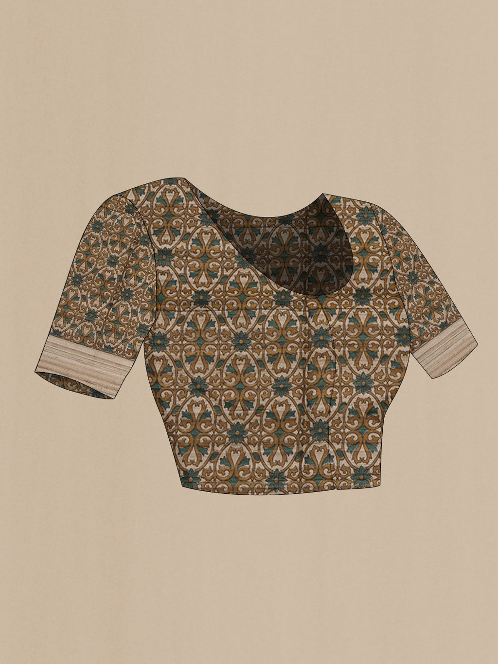 Close up image of the blouse of Olive Green Tussar Saree with Embroidery on the body and Zari Border. 