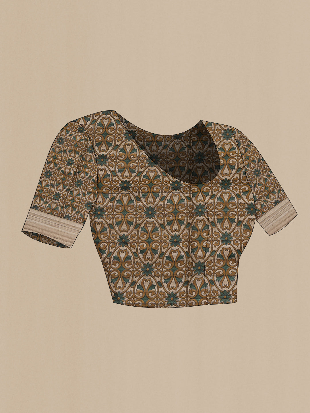 Close up image of the blouse of Olive Green Tussar Saree with Embroidery on the body and Zari Border. 