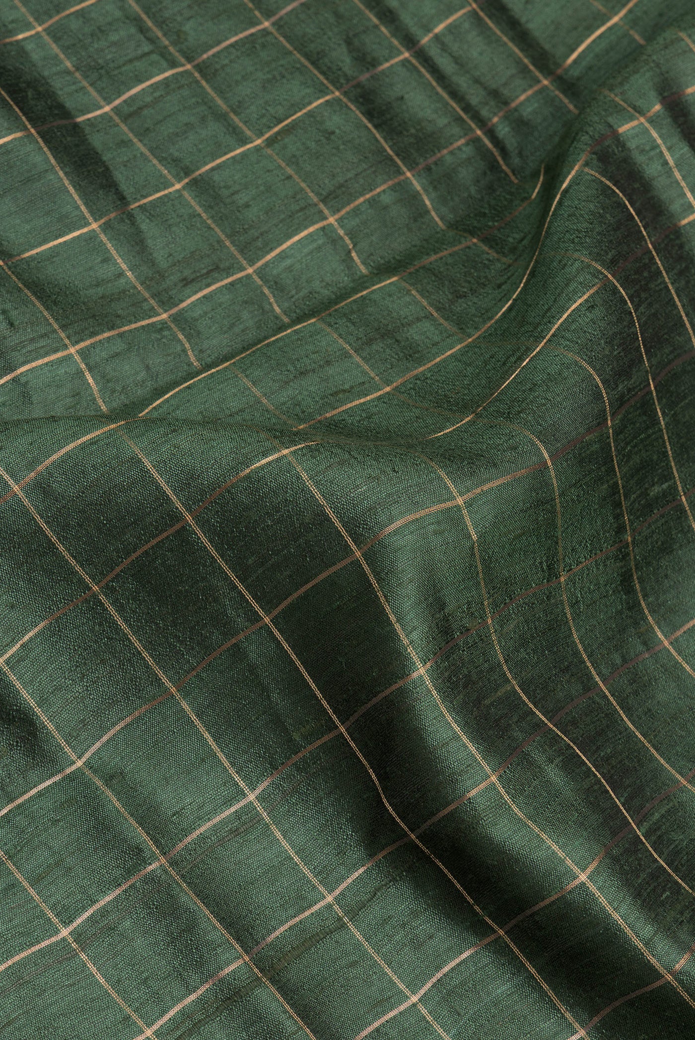 Close up of Green Tussar Silk Saree with Checked design on the body and Zari Border.  displaying folds