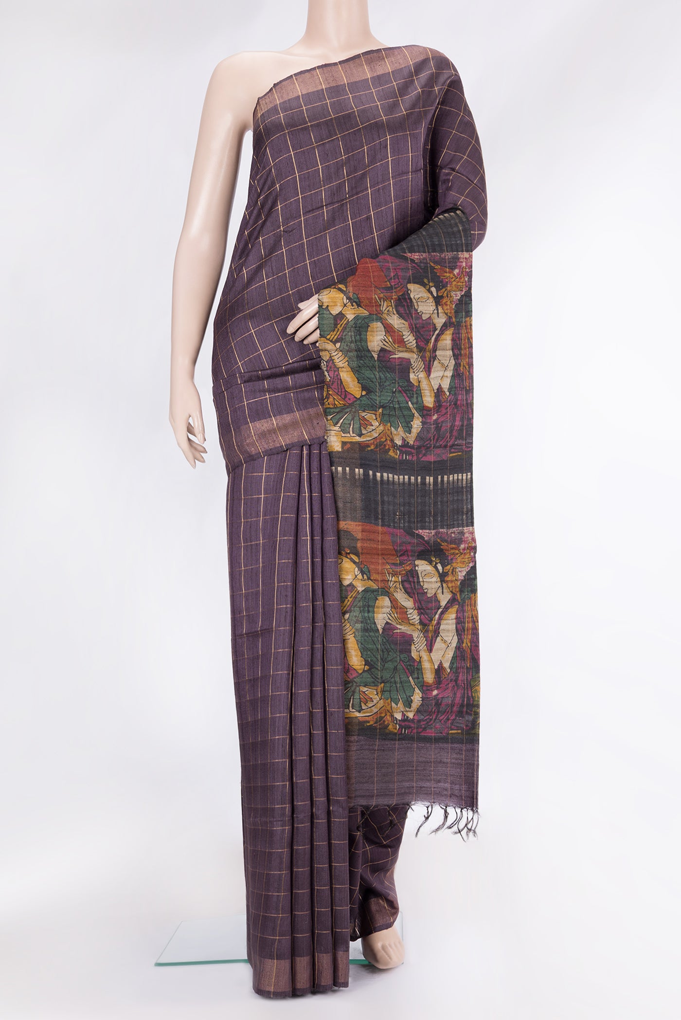 Burgundy Tussar Silk Saree with Checked design on the body and Zari Border.  displayed on a mannequin