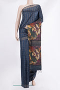 Blue Grey Tussar Saree with Checked design on the body and Zari Border.  displayed on a mannequin