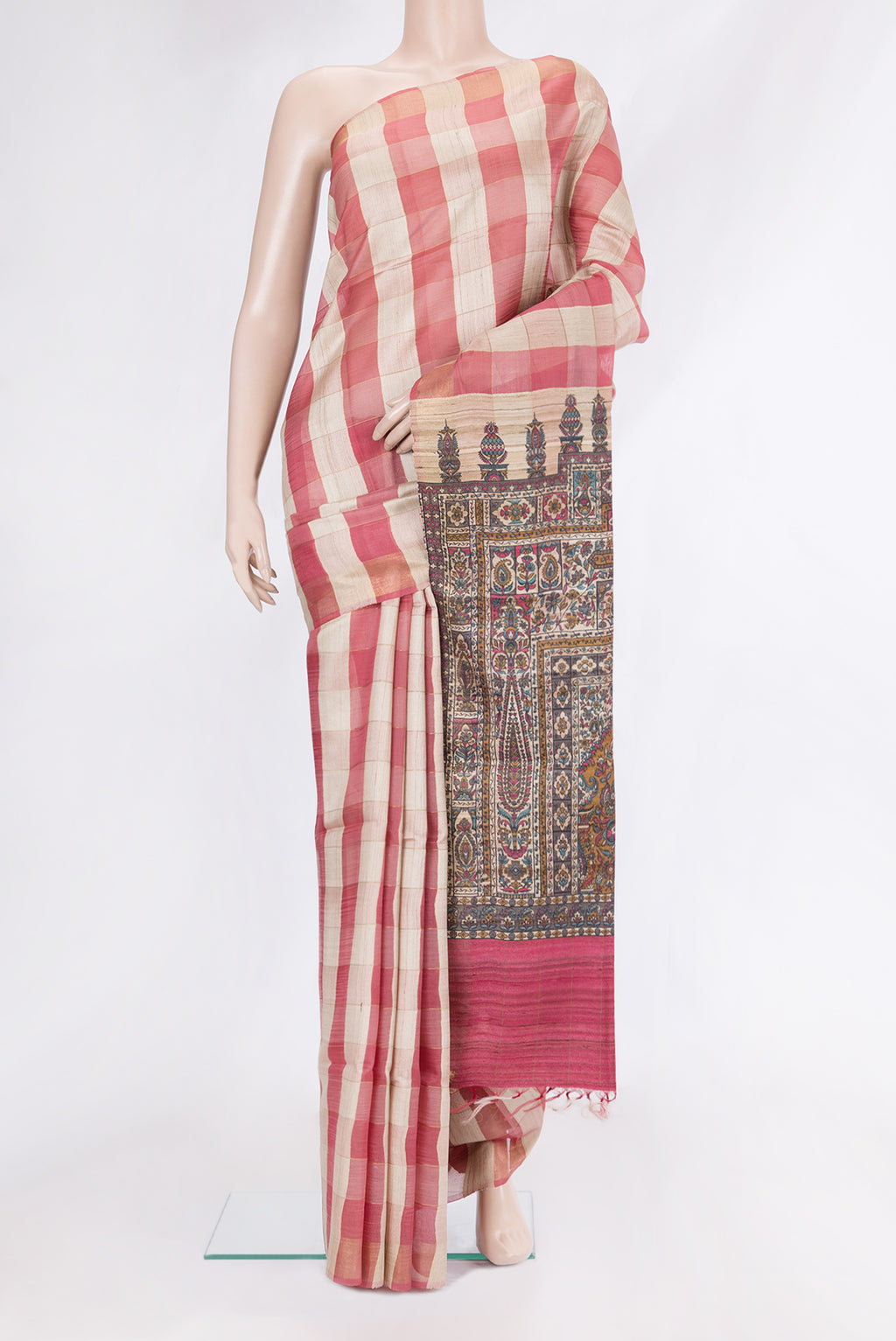 Multi Color Tussar Silk Saree with Checked design on the body and Zari Border.  displayed on a mannequin