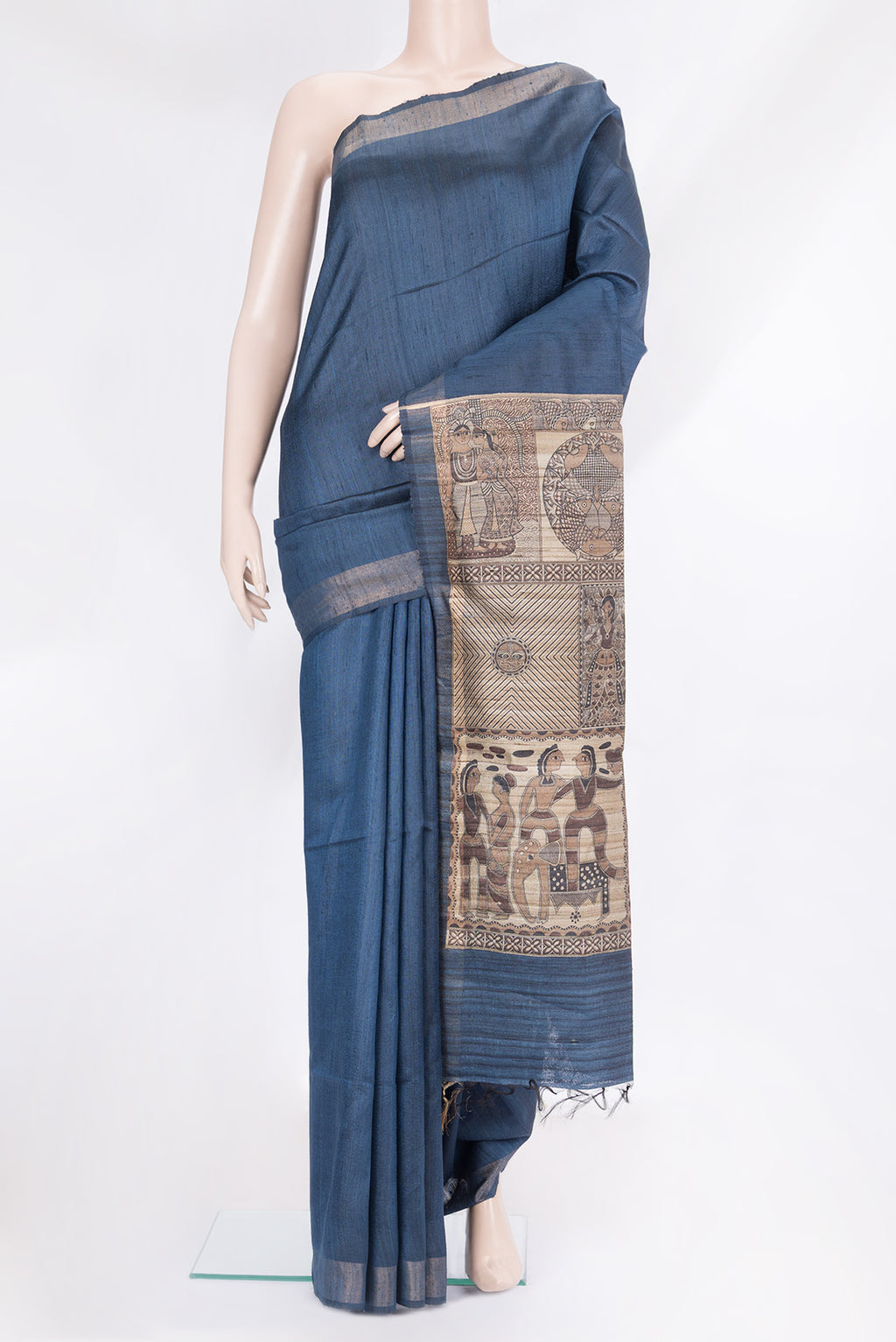 Navy Blue Tussar Silk Saree with Plain Body and Zari Border.  displayed on a mannequin