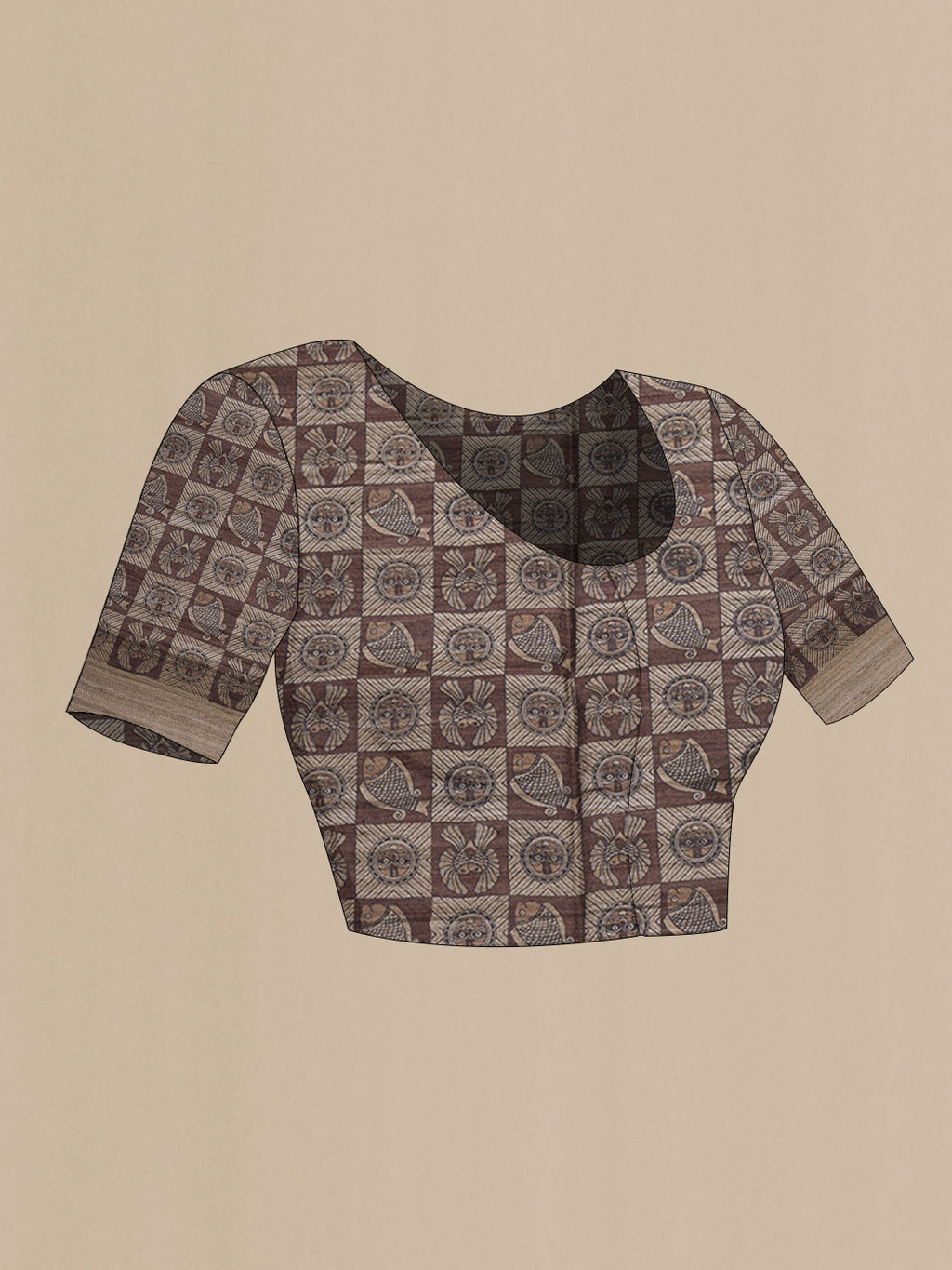 Close up image of the blouse of Maroon Tussar Silk Saree with Plain Body and Zari Border. 