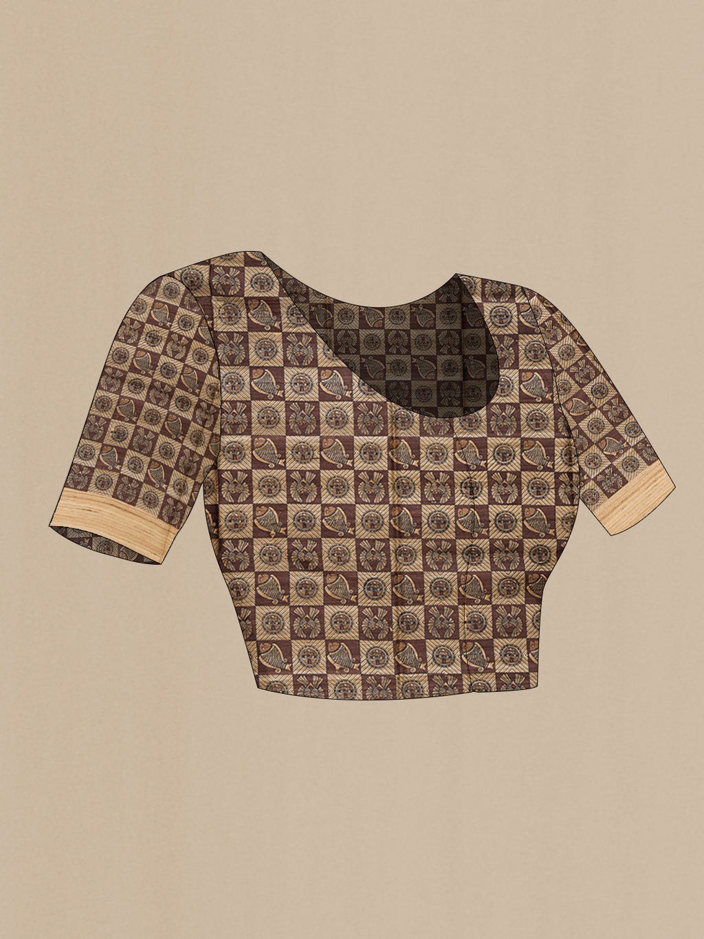 Close up image of the blouse of Mustard Tussar Silk Saree with Plain Body and Zari Border. 