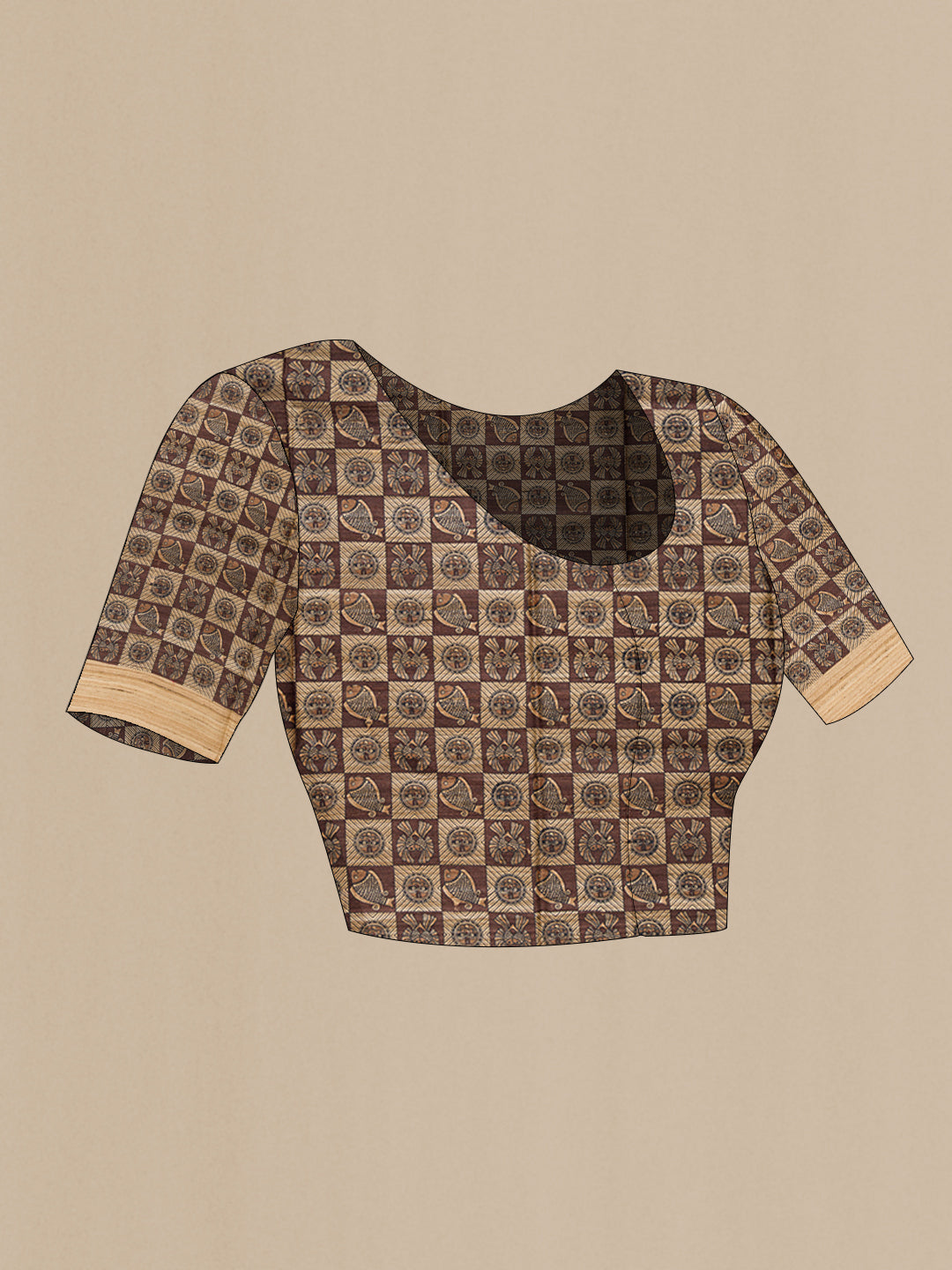 Close up image of the blouse of Mustard Tussar Silk Saree with Plain Body and Zari Border. 