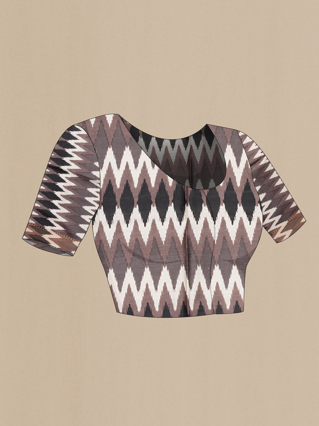 Close up image of the blouse of Grey Tussar Saree with Zari Butta on the body and Ikat Border. 