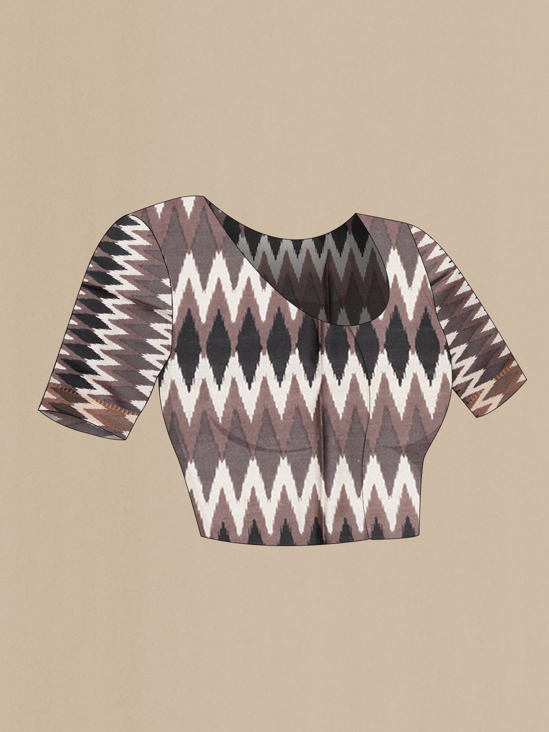 Close up image of the blouse of Grey Tussar Saree with Zari Butta on the body and Ikat Border. 