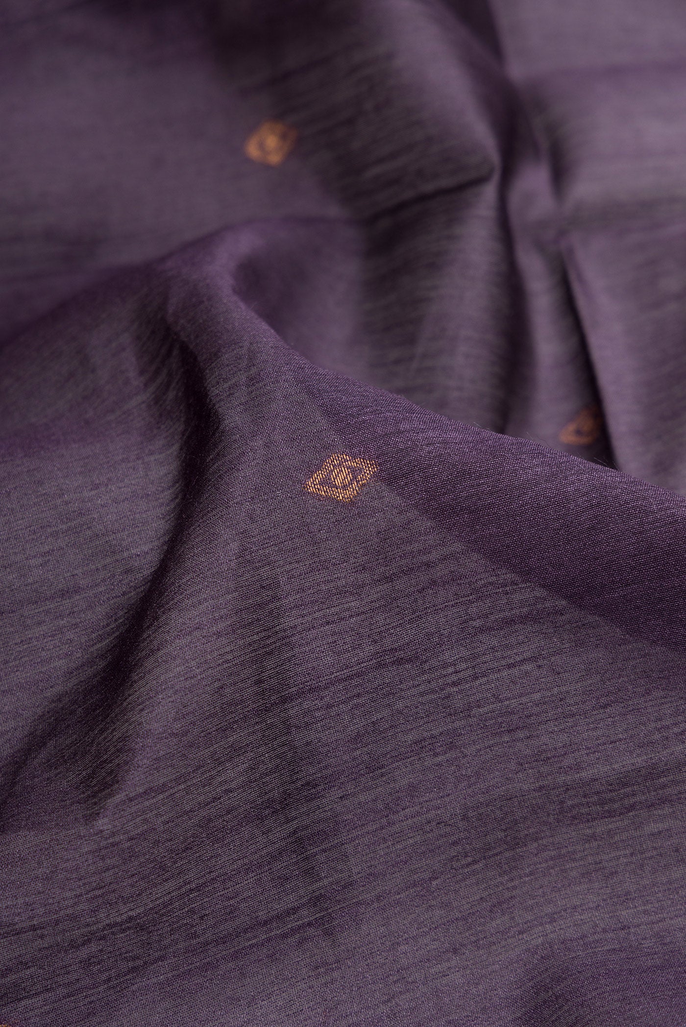 Close up of Purple Tussar Silk Saree with Zari Butta on the body and Printed Border.  displaying folds