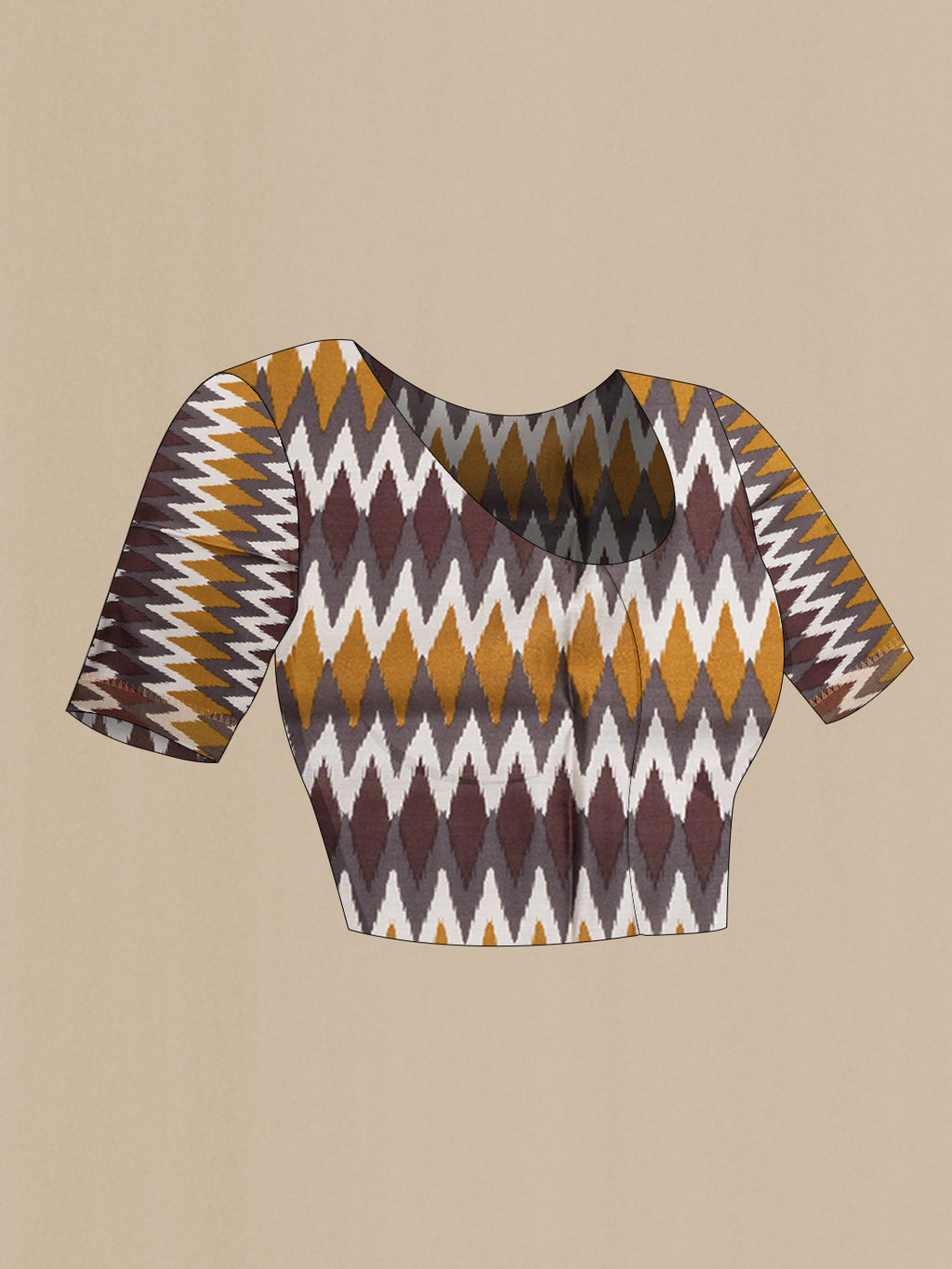 Close up image of the blouse of Mustard Tussar Silk Saree with Thread Butta on the body and Ikat Border. 