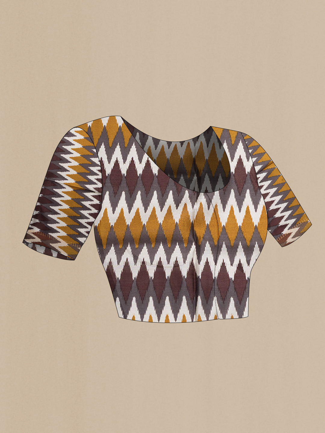 Close up image of the blouse of Mustard Tussar Silk Saree with Thread Butta on the body and Ikat Border. 
