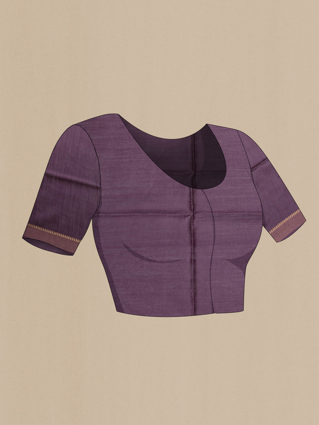Close up image of the blouse of Purple Tussar Silk Saree with Printed design on the body and Plain Border. 