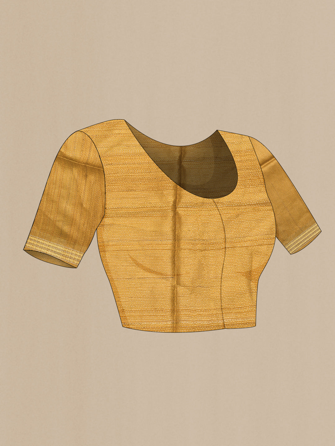 Close up image of the blouse of Beige Tussar Silk Saree with Ikat Print on the body and Thread Border. 