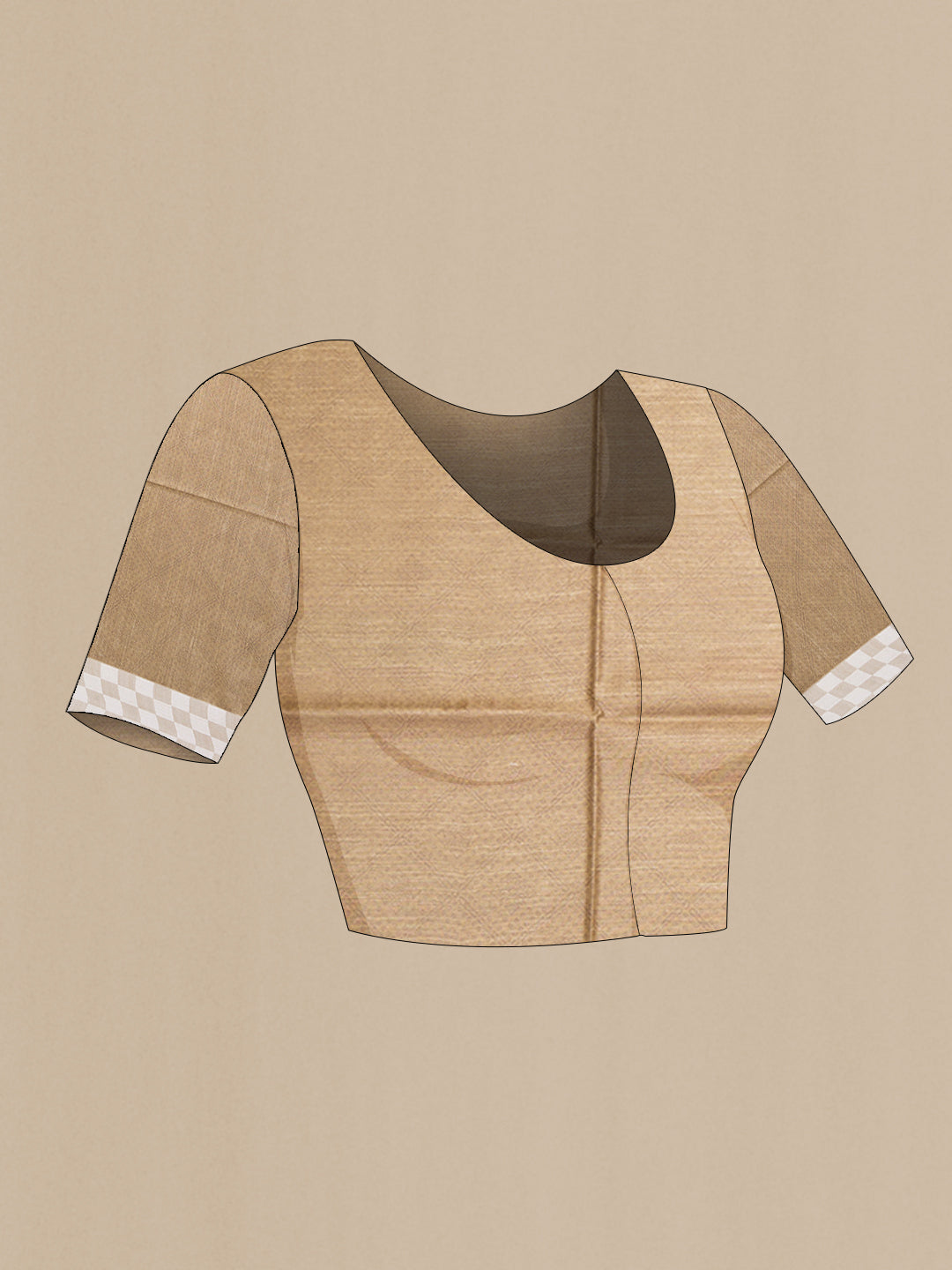 Close up image of the blouse of Beige Tussar Silk Saree with Printed design on the body and Fancy Border. 