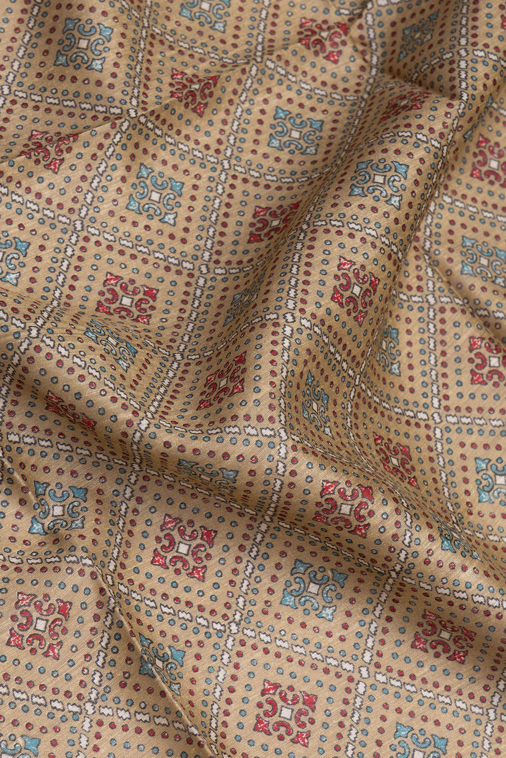 Close up of Beige Tussar Silk Saree with Printed design on the body and Fancy Border.  displaying folds