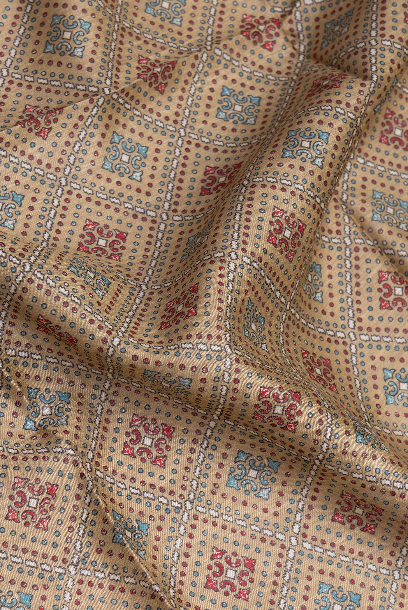 Close up of Beige Tussar Silk Saree with Printed design on the body and Fancy Border.  displaying folds