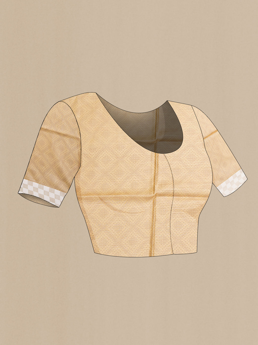 Close up image of the blouse of Sandal Tussar Silk Saree with Printed design on the body and Fancy Border. 