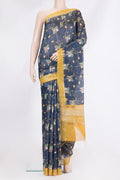 Navy Blue Tussar Saree with Printed design on the body and Zari Border.  displayed on a mannequin