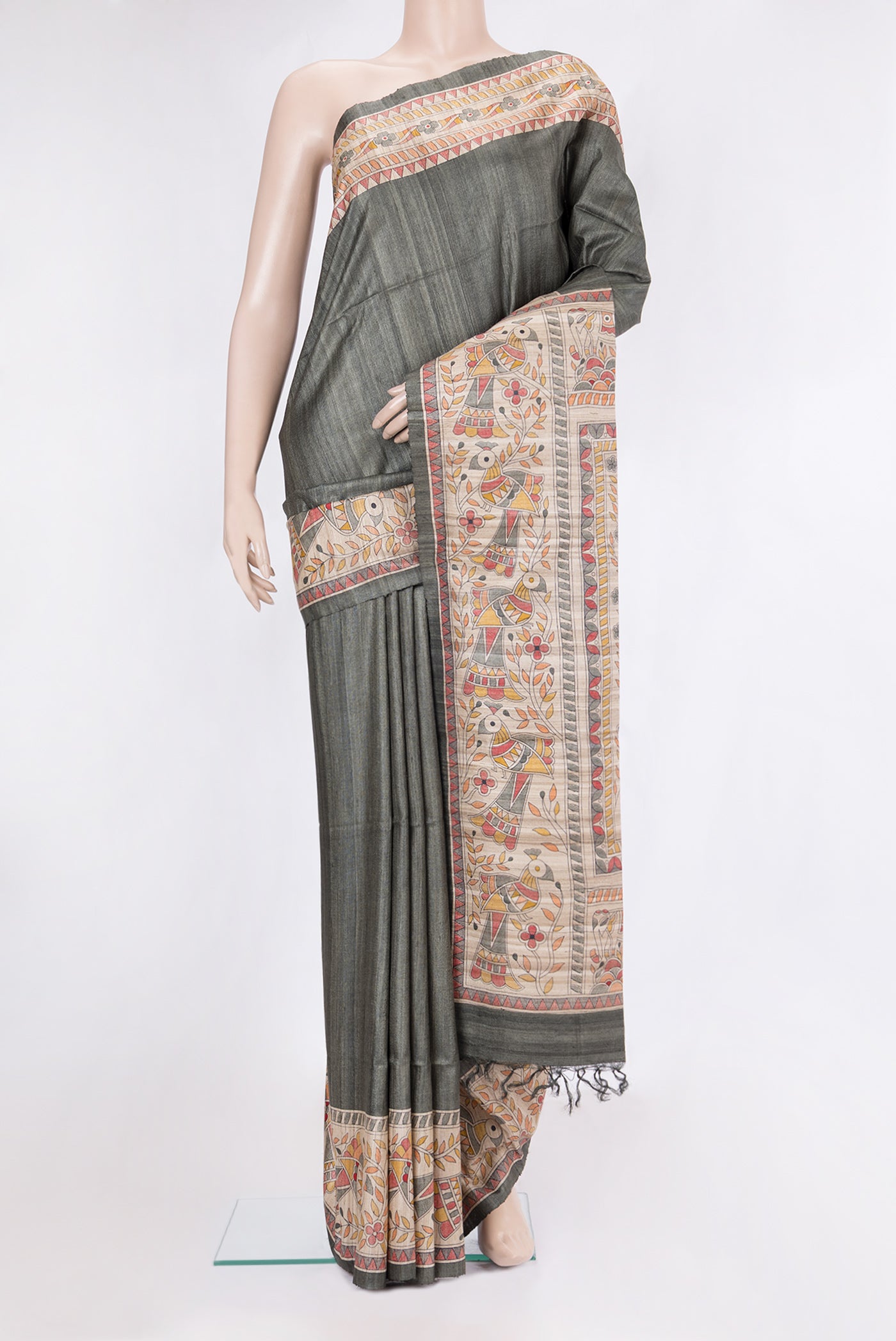 Bottle Green Dual Tone Tussar Silk Saree with Plain Body and Plain Border.  displayed on a mannequin