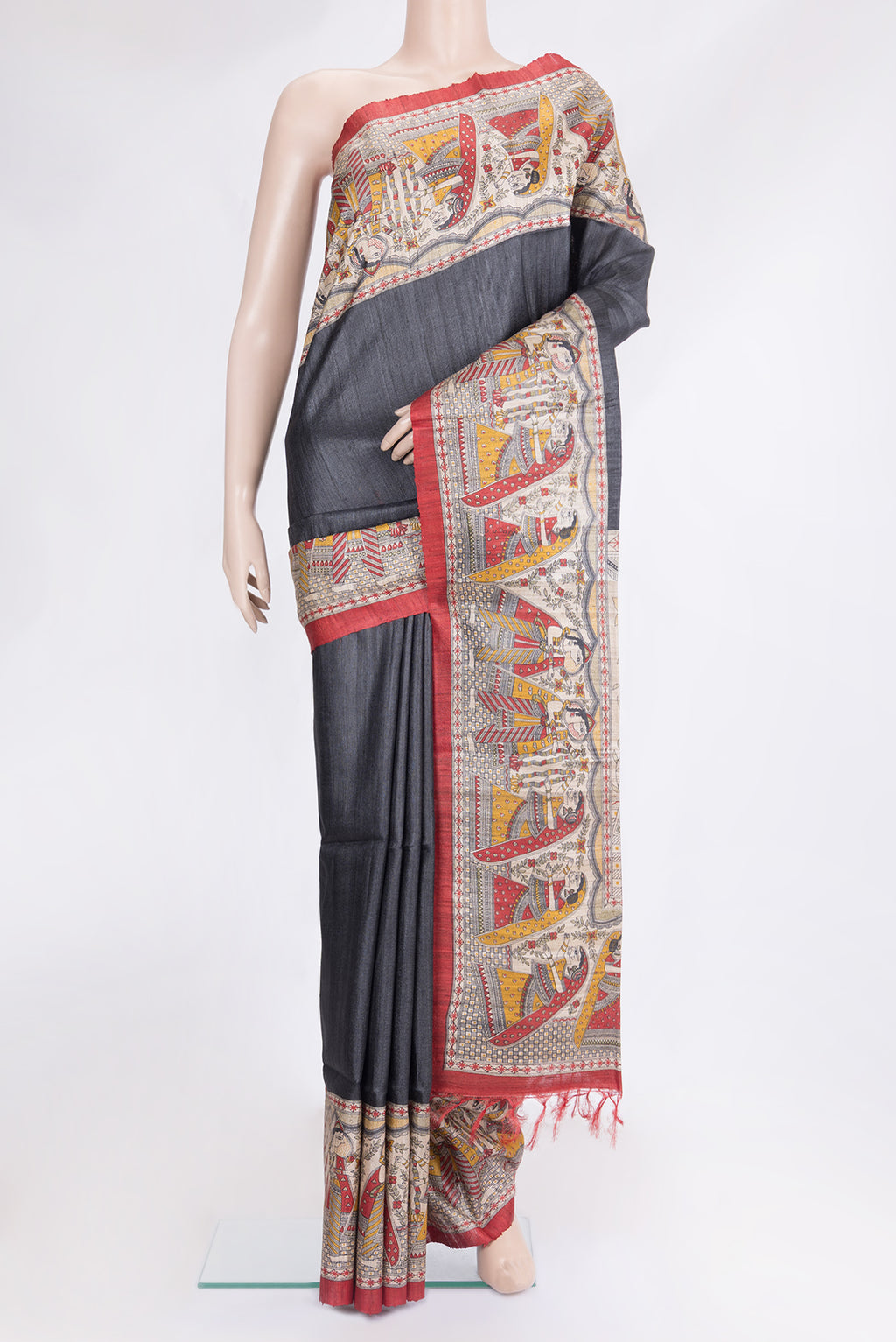 Grey Tussar Silk Saree with Plain Body and Fancy Border.  displayed on a mannequin