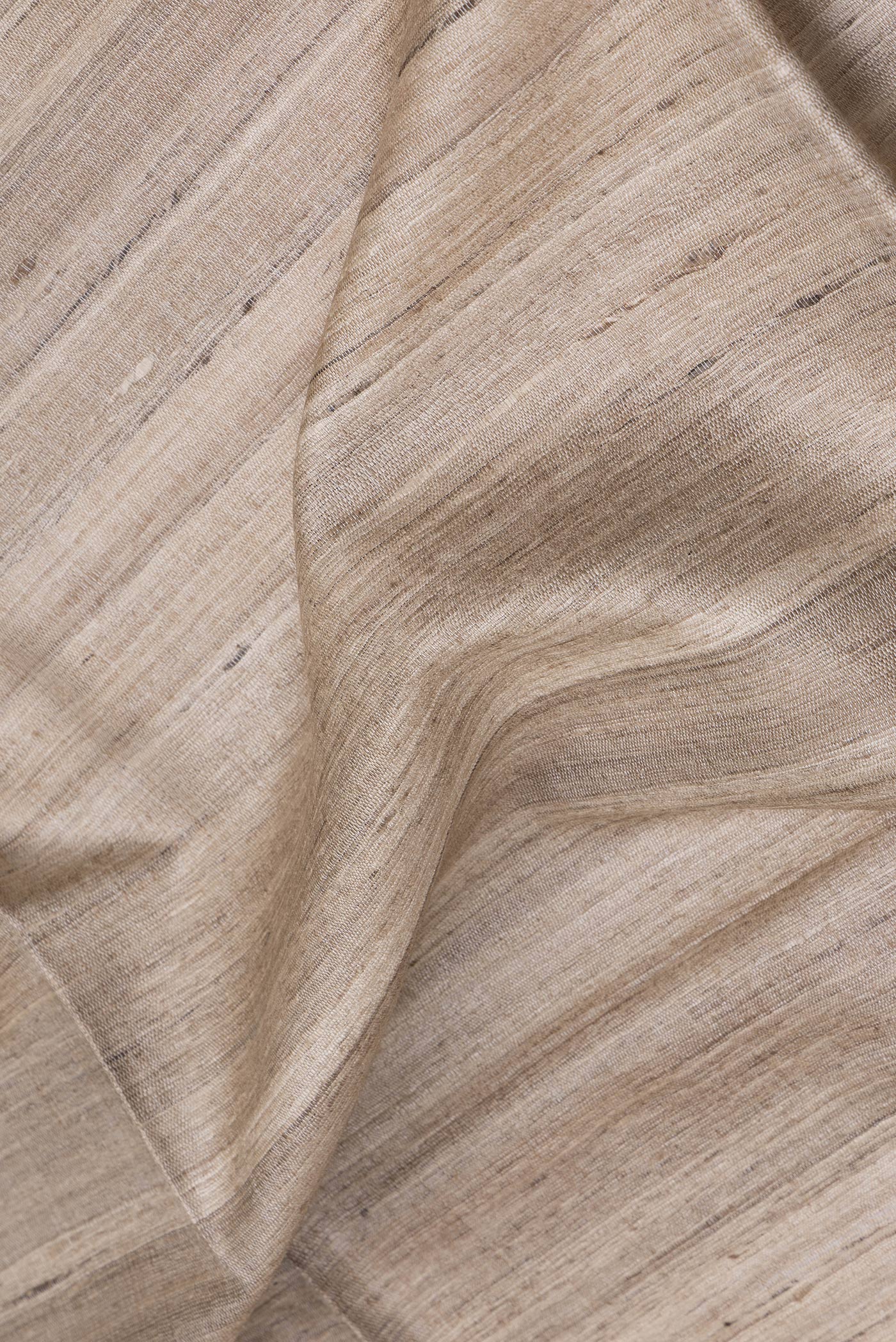 Close up of Beige Tussar Silk Saree with Plain Body and Temple Border.  displaying folds
