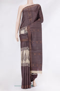 Brown Tussar Silk Saree with Stripes on the body and Zari Border.  displayed on a mannequin