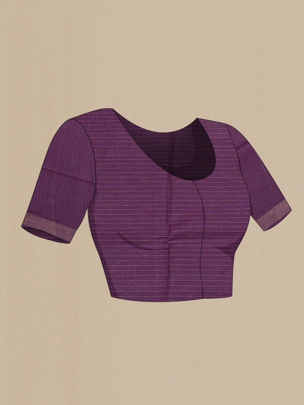 Close up image of the blouse of Violet Tussar Silk Saree with Zari Butta on the body and Zari Border. 