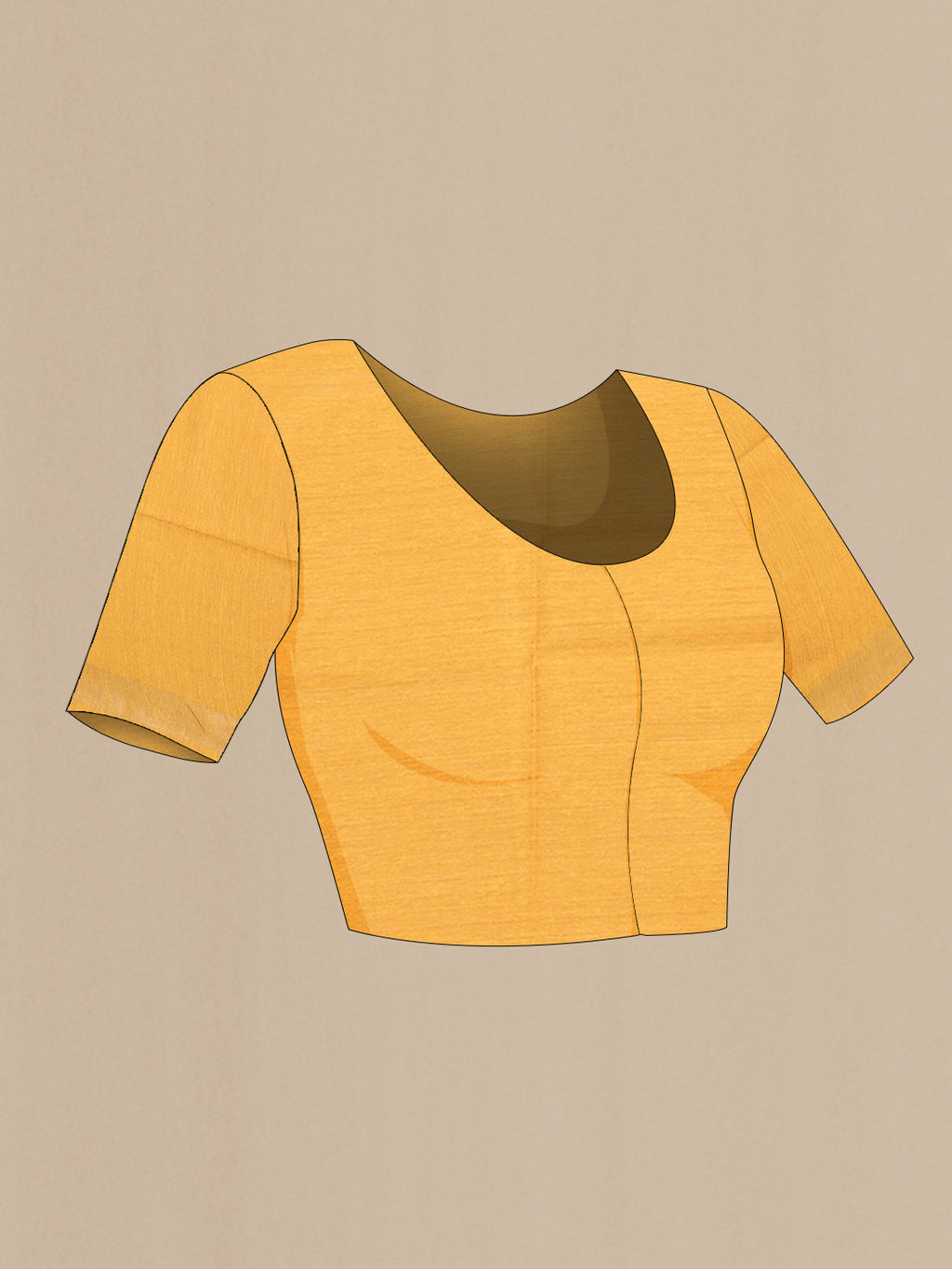 Close up image of the blouse of Mustard Tussar Silk Saree with Embroidery on the body and Zari Border. 