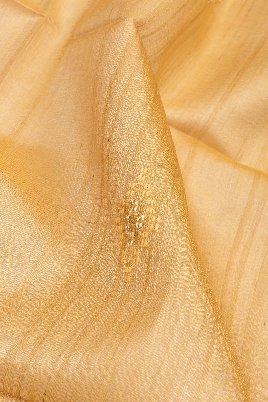 Close up of Mustard Tussar Silk Saree with Embroidery on the body and Zari Border.  displaying folds