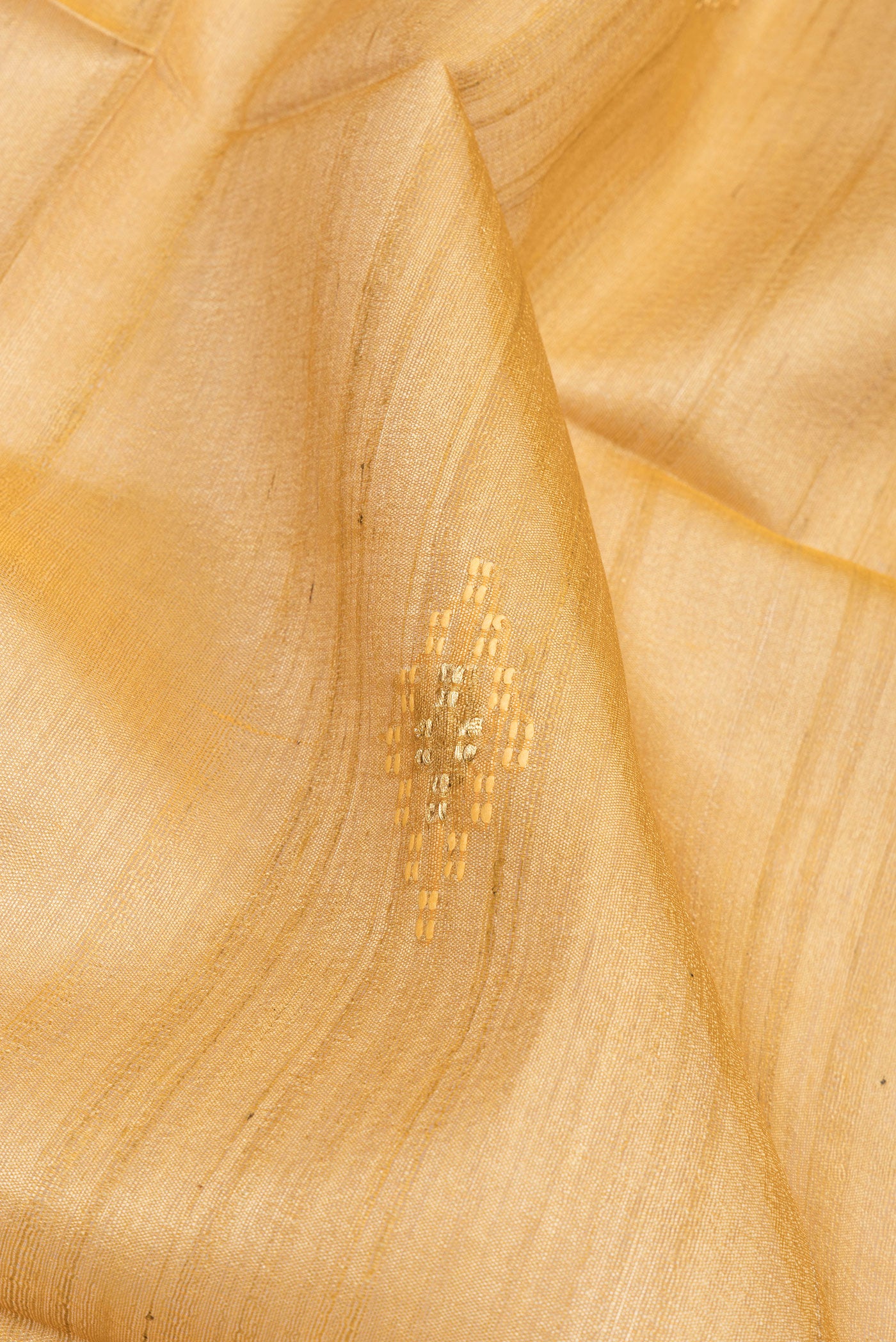 Close up of Mustard Tussar Silk Saree with Embroidery on the body and Zari Border.  displaying folds