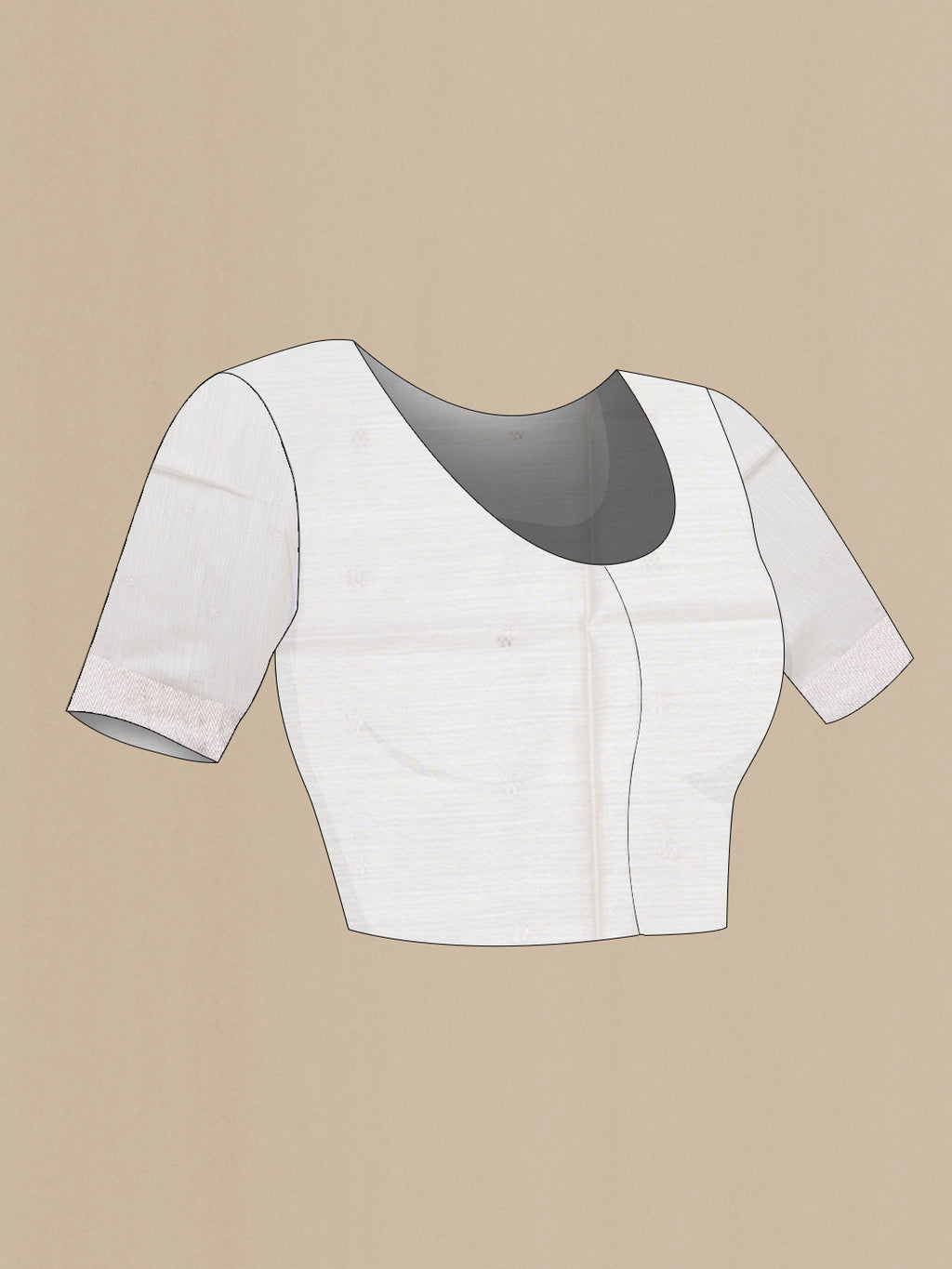 Close up image of the blouse of White Tussar Silk Saree with Zari Butta on the body and Zari Border. 