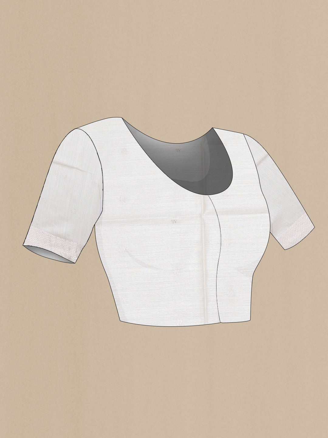 Close up image of the blouse of White Tussar Silk Saree with Zari Butta on the body and Zari Border. 