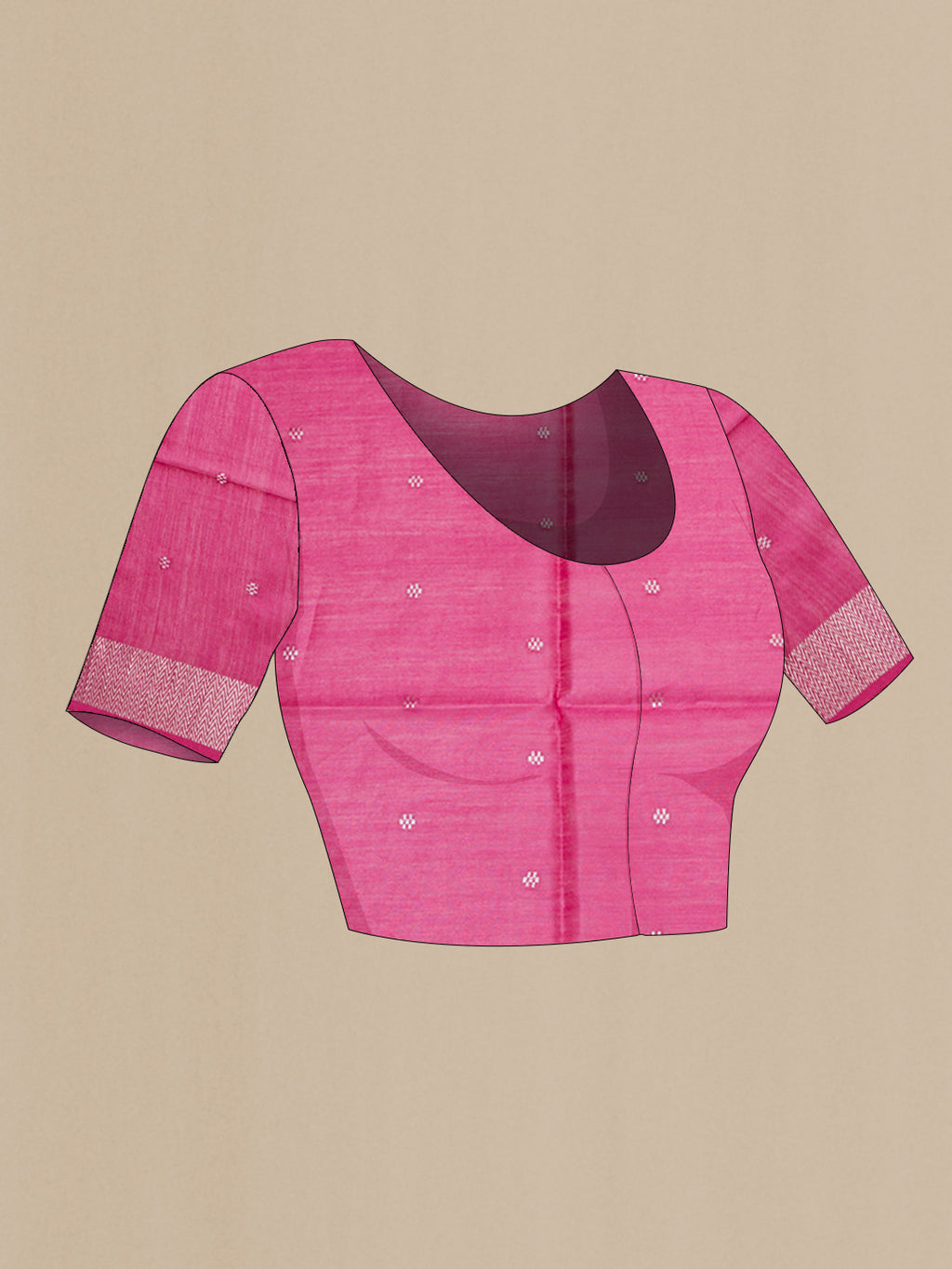 Close up image of the blouse of Pink Dual Tone Tussar Silk Saree with Zari Butta on the body and Zari Border. 