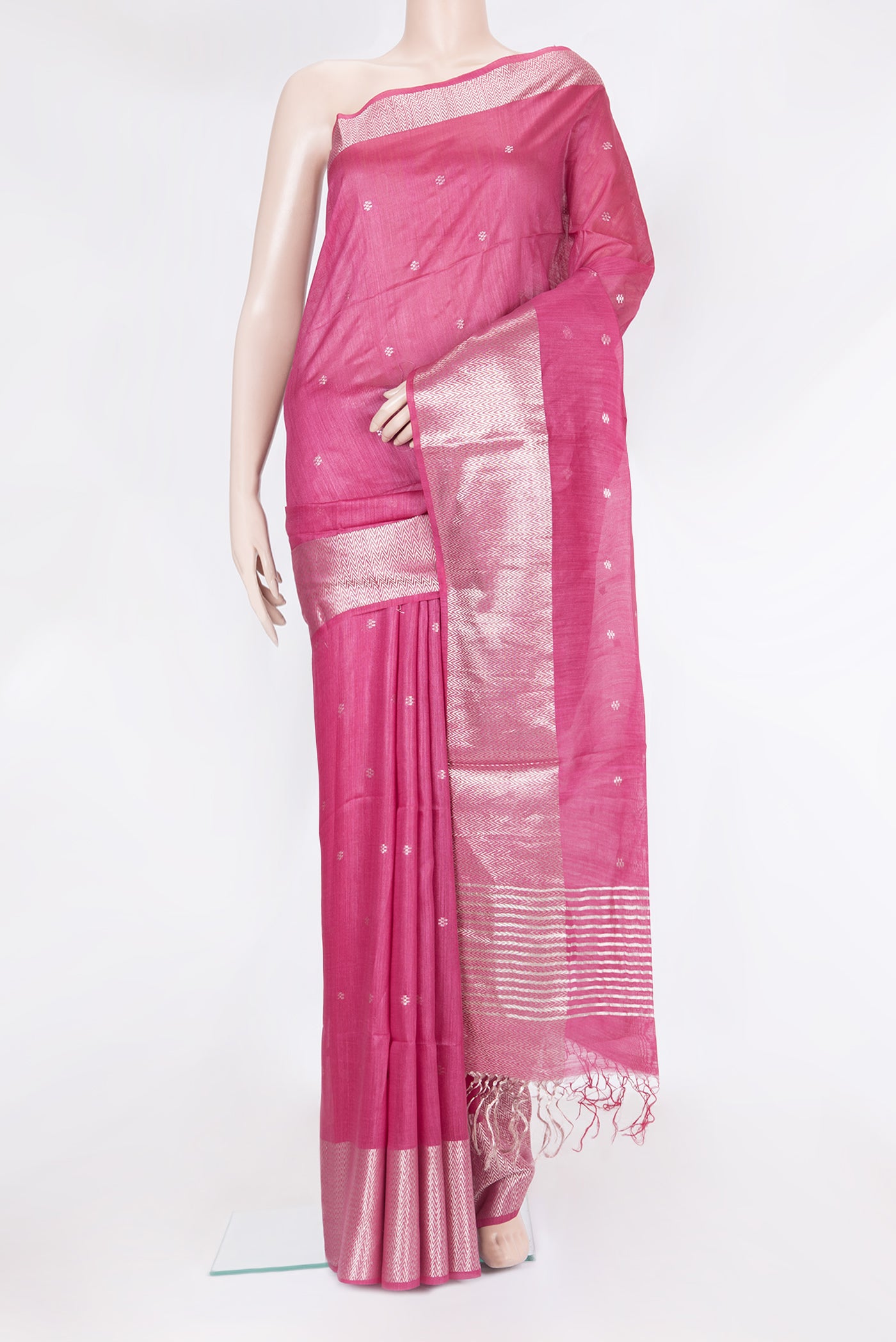 Pink Dual Tone Tussar Silk Saree with Zari Butta on the body and Zari Border.  displayed on a mannequin