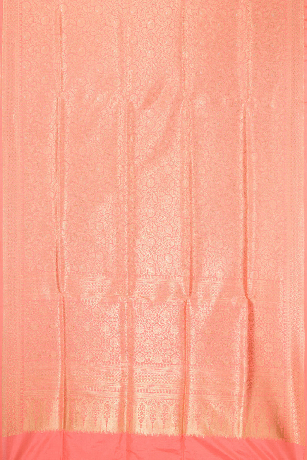 Flat view of Peach Banarasi Silk Saree with Zari Brocade on the body and Zari Border. 
