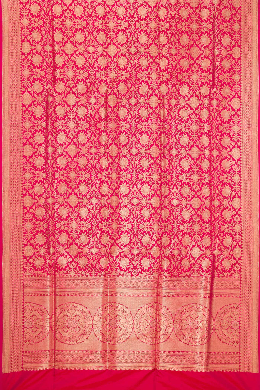 Flat view of Dark Pink Dual Tone Banarasi Silk Saree with Zari Brocade on the body and Zari Border. 