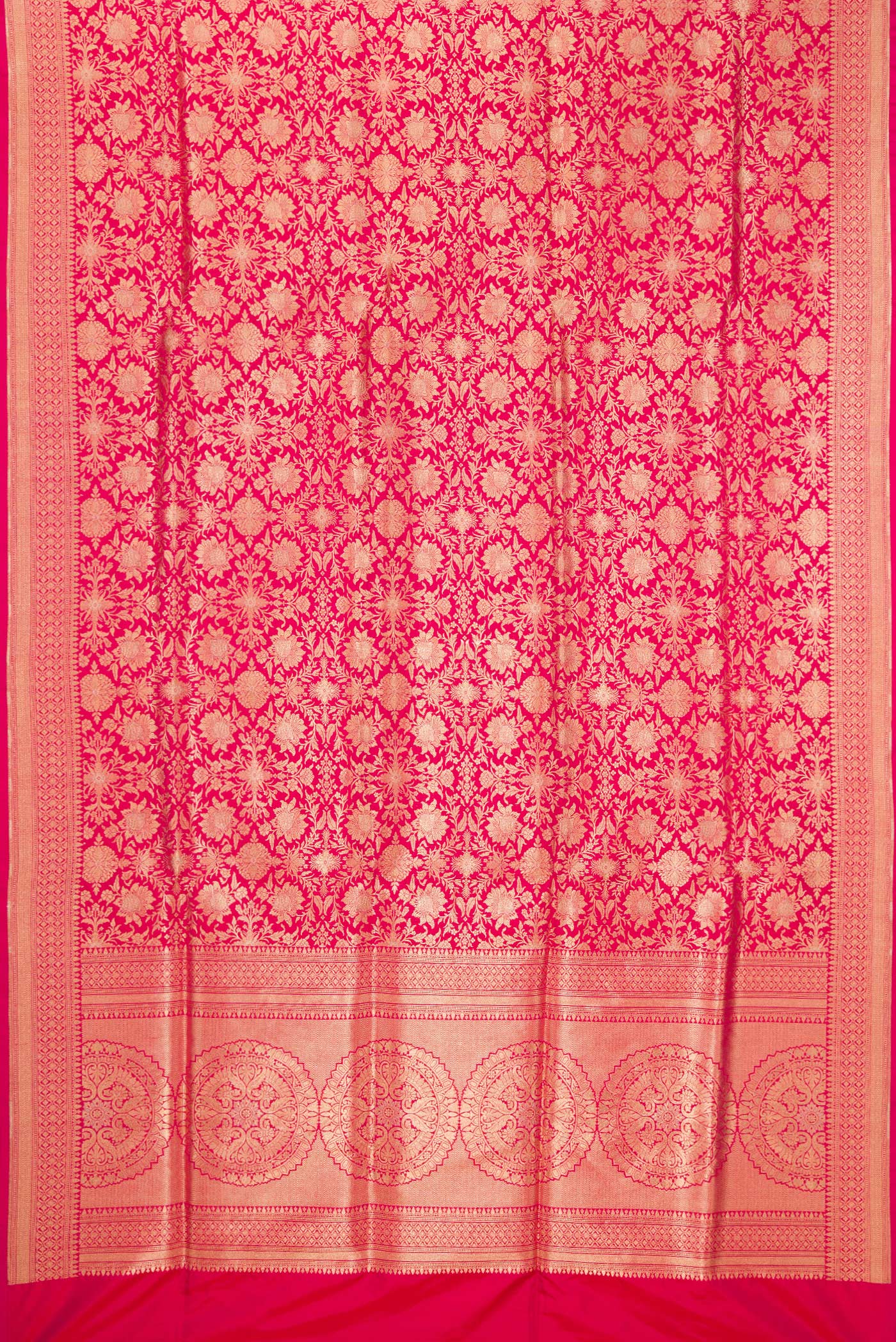 Flat view of Dark Pink Dual Tone Banarasi Silk Saree with Zari Brocade on the body and Zari Border. 